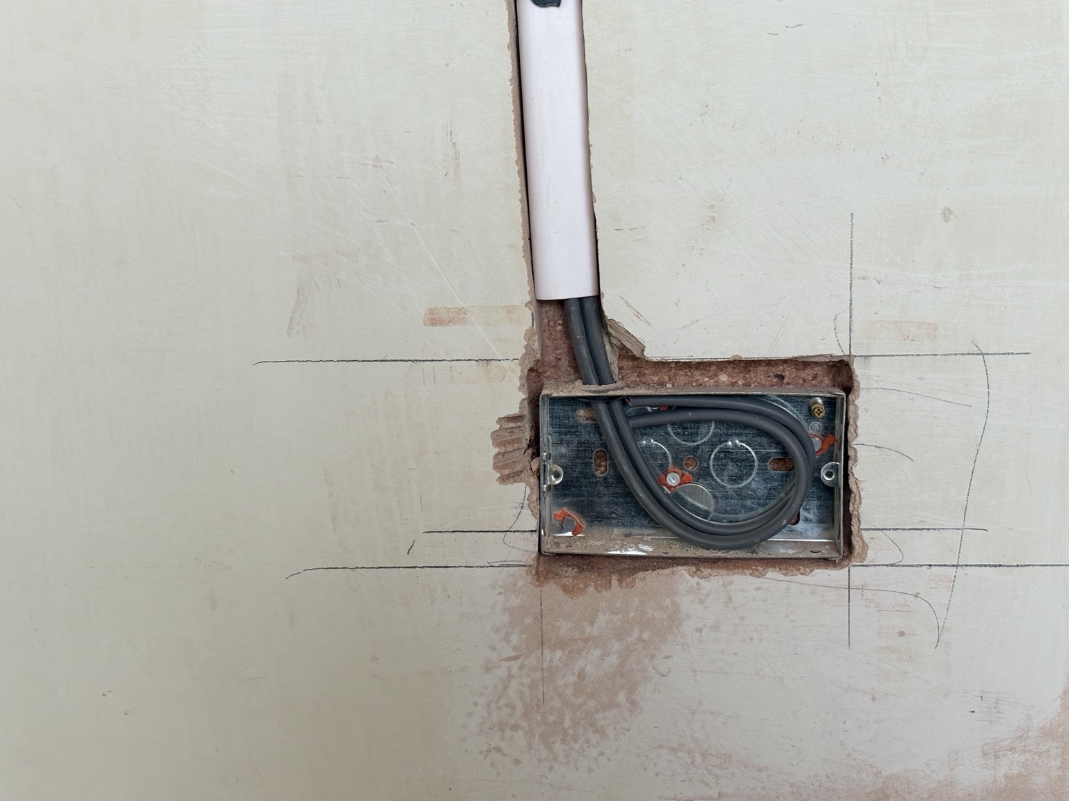 New socket wiring and metal back box during first-fix rewiring by A2Z Electric
